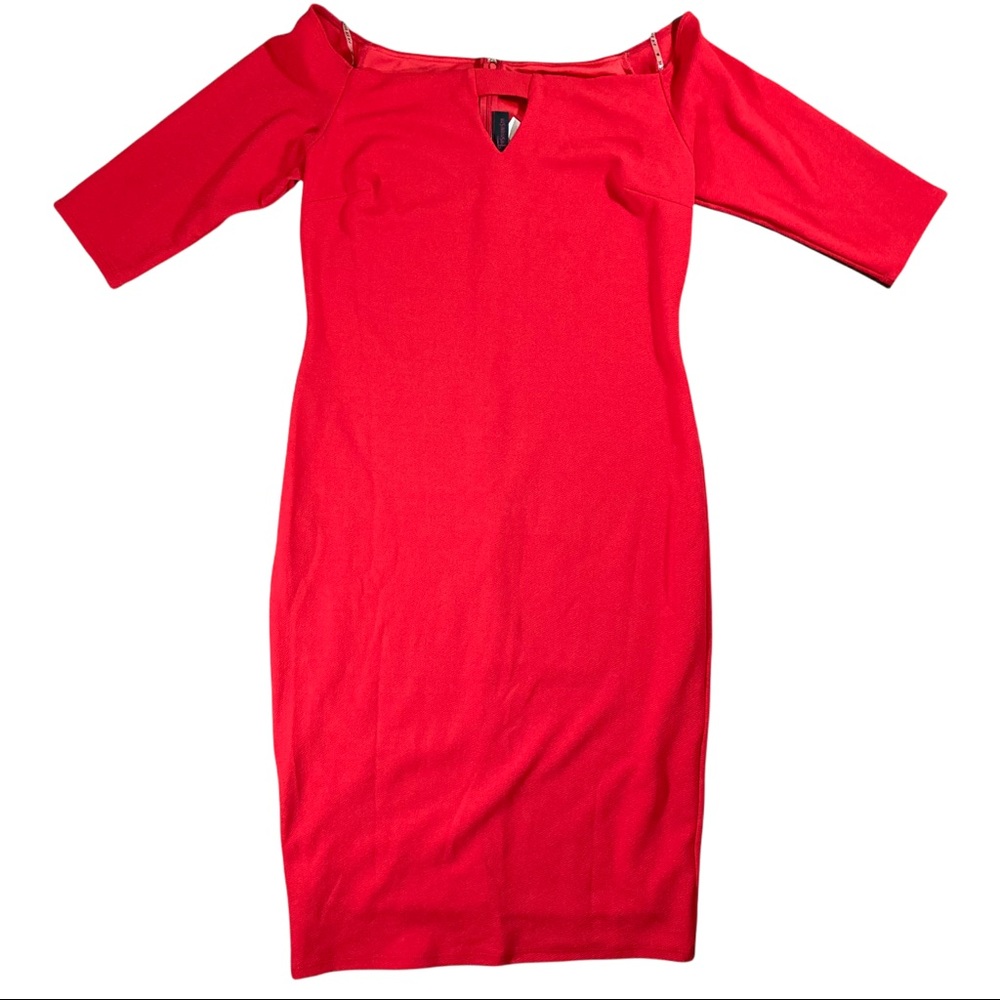 Fashionista off shoulder midi pencil dress size 2 red mid sleeve hand wash